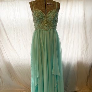 Embroidered turquoise prom dress